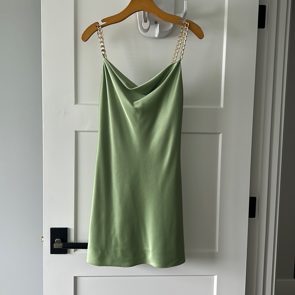 Alice and Olivia satin cowl beck chain strapped mini slip dress